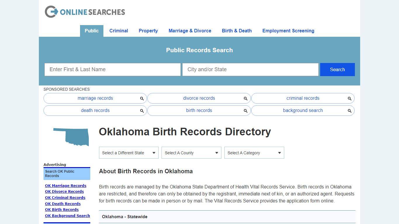 Oklahoma Birth Records Search Directory - OnlineSearches.com